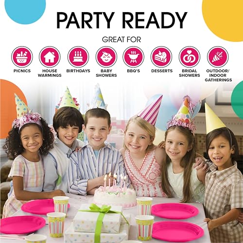 Party Solids Sturdy Hot Pink Plastic Plates 10" Party Plates 100 Pcs (10 inch / Cerise)