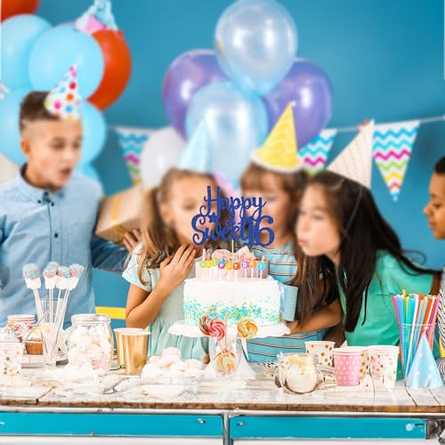 1Pc Happy Sweet 16 Cake Topper Blue Glitter Sweet 16 Birthday Cake Decoration Happy 16th Birthday Decorations for Girls Boys Party Supplies