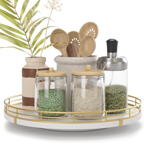 10 Inch White Wooden Lazy Susan Spice Organizer with Gold Rail (White & Gold / 10)