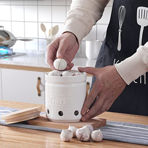 Garlic Keeper with Wooden Lid (White)