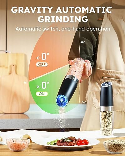 Gravity Electric Salt and Pepper Grinder Set Shakers UPGRADED 9OZ XL CAPACITY Battery Powered Refillable Automatic One Hand Operation Adjustable Coarseness Mill Grinder Set for Kitchen (Battery Powered Set/Black XL)