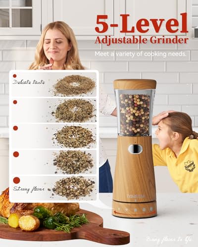 Electric Salt and Pepper Grinder Set with Storage Base (Light Wood Grain)