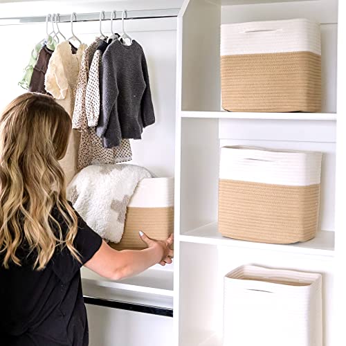 Storage Cubes 11 Inch Cotton Rope Woven Baskets for Organizing (Off White & Tan Brown)