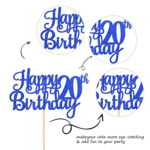 1 PCS Happy 20th Birthday Cake Topper Glitter Cheers to 20 Years Birthday Cake Pick Twenty 20 Fabulous Cake Decoration for Happy 20th Birthday Theme Party Decorations Supplies Blue (Blue / 20th)