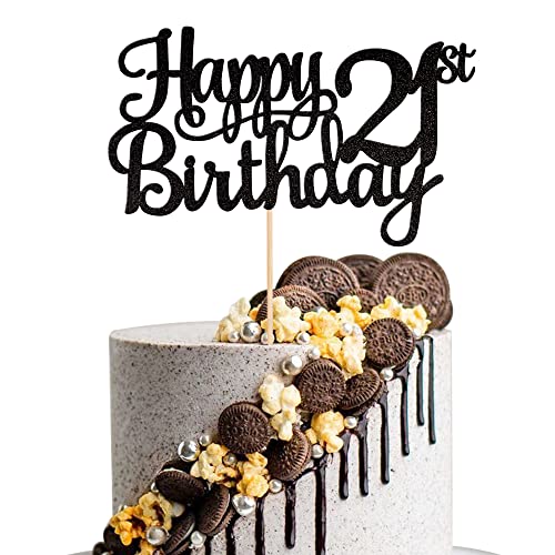 1 PCS Happy 21st Birthday Cake Topper Glitter Cheers to 21 Years Cake Pick 21 Fabulous Cake Decoration for 21st Birthday Party Decorations Supplies Black (Black / 21st)