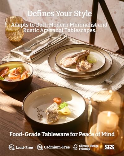 Milkyway 16 Piece Stoneware Dinnerware Set with Pasta Bowls (Light khaki & Cocoa / Service for 4 (Include Pasta Bowls))