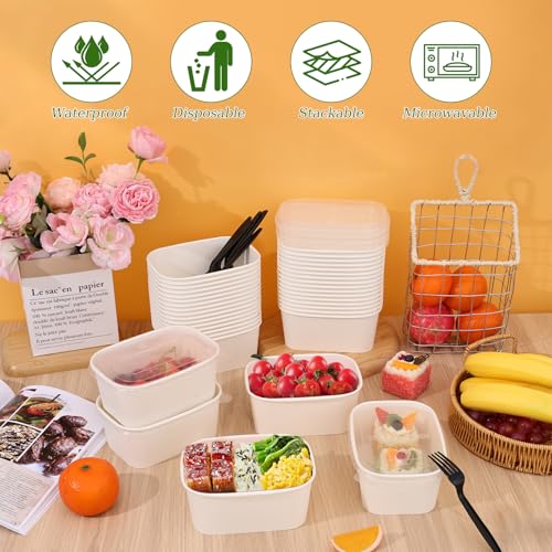 50 Pack 35oz Disposable Meal Prep Containers with Lids & Forks (35oz 50 Count / White Kraft Paper)