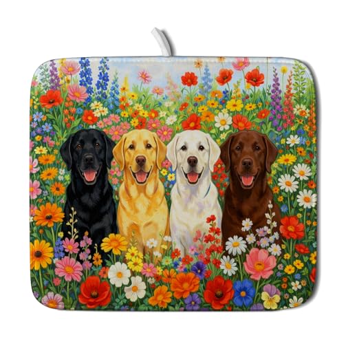 Flower Dog Dish Drying Mat Spring Floral Microfiber Absorbent Dish Drying Pad for Kitchen Counter (Flower Dog Colorful / 18" x 16")
