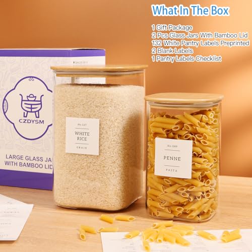 2 Pack large Square Glass Flour and Sugar Containers with 132 Kitchen Pantry Labels