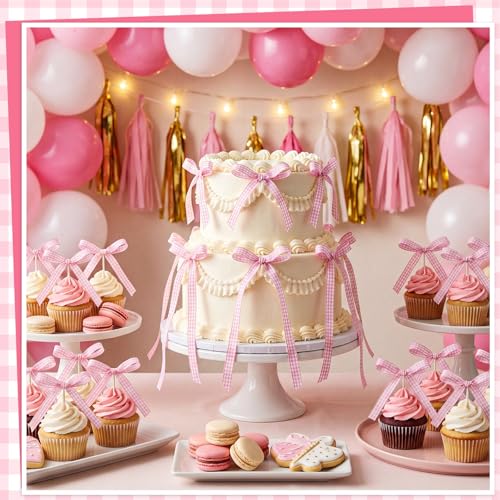 30 Pack Bow Cake Toppers Pink Gingham Ribbon Bows for Cake (Pink Gingham)