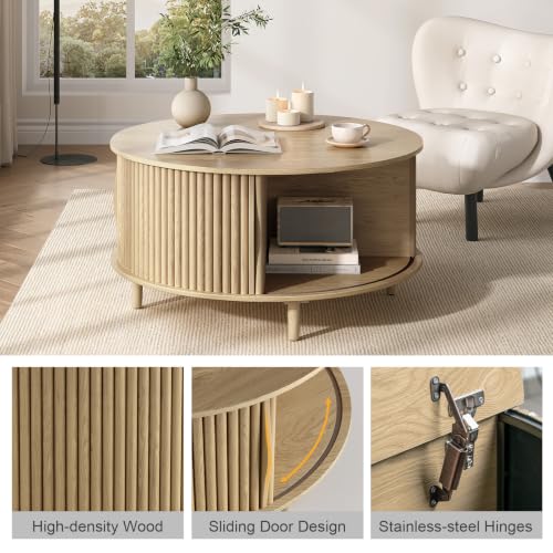 Round Coffee Table with Storage for Living Room (Light Oak)