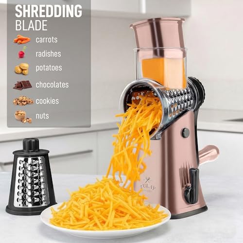 Rotary Cheese Grater Manual Hand Crank 5 Blade Shredder (5 Blades / Rose Gold & Black)
