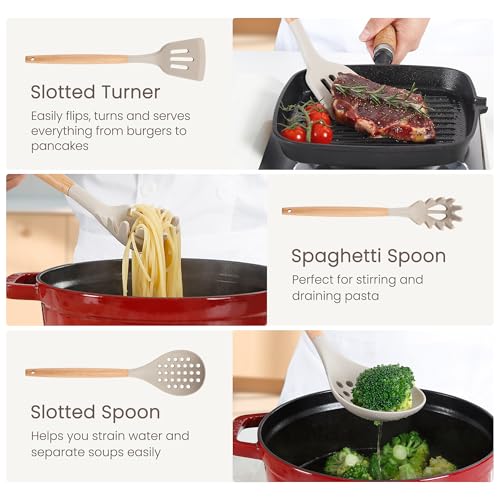 26 Piece Food Grade Silicone Kitchen Utensils Set with Wooden Handles (Khaki-B / 26 Piece)