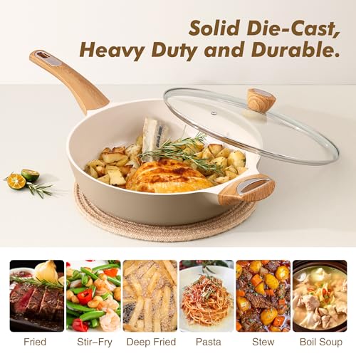 Ceramic Nonstick Frying Pan Skillet with Lid (6QT / 13.3IN / Ceramic Taupe)