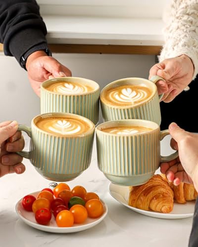 Ceramic Coffee Mugs Set of 4 with Rack (Green Earth / 15 Ounces)