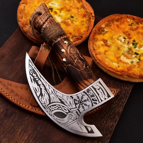 Pizza Cutter Axe Carbon Steel Slicer Chef Viking Axe with Leather Cover (Hand Engraved Etched Ash Wood)