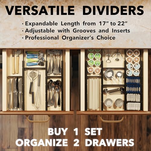 Bamboo Drawer Dividers with Inserts and Labels (2.35''H, 17''-22''L, 7 Dividers / BLACK)