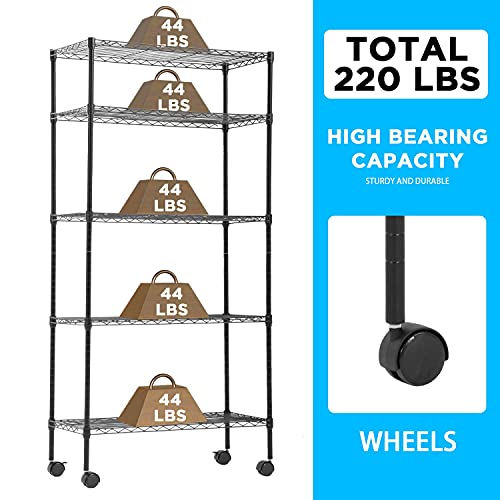 5 Tier Wire Shelf with Wheels (Black / 30×14×60)