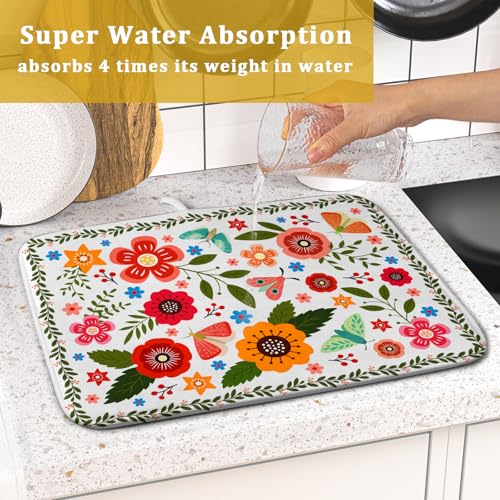 Colorful Boho Floral Dish Drying Mat 16x18 Inch Dishes Dry Pad Drainer Rack Mats Absorbent Hanging Loop Kitchen Counter Bar Accessories (White Boho Floral / 16" x 18")
