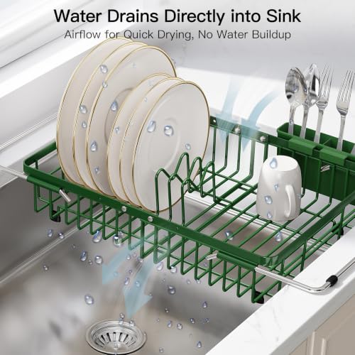 Green Dish Drying Rack Over the Sink with Utensil Holder (Green / For 12.5"-30"w Sink, Expandable)