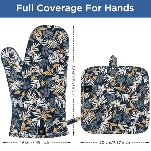Oven Gloves Heat Resistant Potholder Set Oven Gloves with Anti (Blue Leaves - Set)