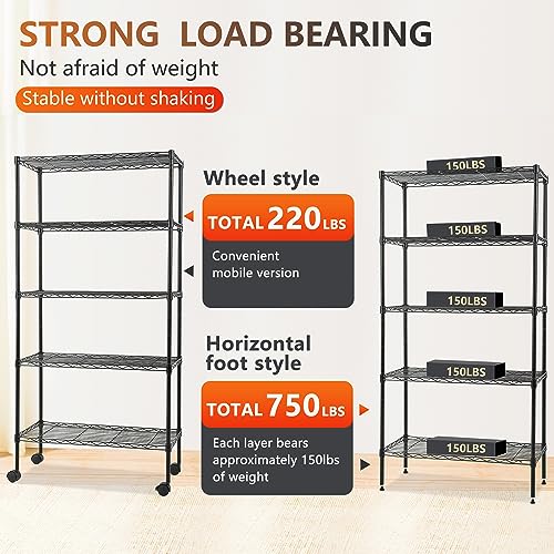 Adjustable 5 Tier Metal Shelf with Wheels (5 Count)