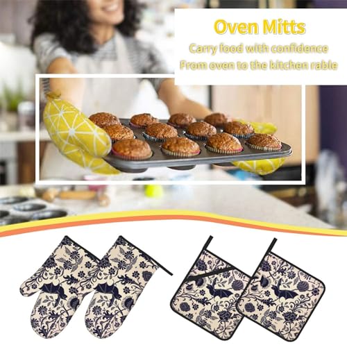 Bats and Flower Oven Mitts and Pot Holders Sets of 4 (One Size / Bats Flower)