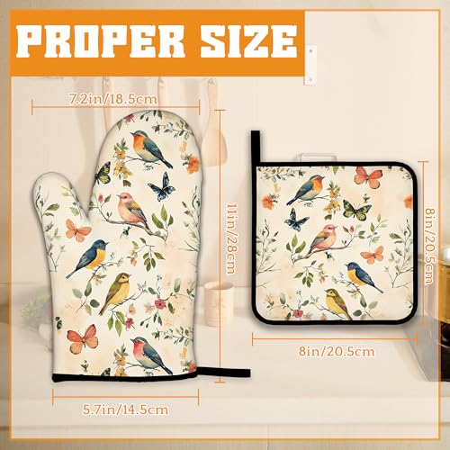 Vintage Butterfly Bird Oven Mitts and Pot Holders Set (4 Count)