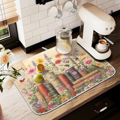 Vintage Books Shelf Dish Drying Mat for Kitchen Counter Absorbent Microfiber Small Drying Pad Dish mats for Kitchen Countertops 16 x 18 Inch (Vintage Books Shelf / 18" x 16")