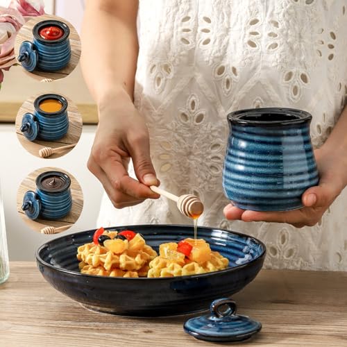Ceramic 12 Ounce Honey Jar and Dipper Set (Blue)