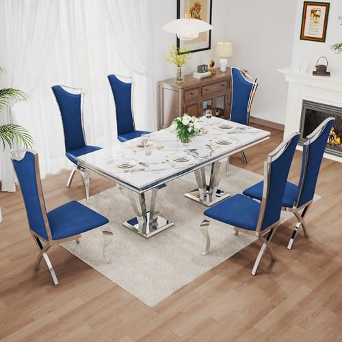 7 Piece Luxury Dining Room Set (Silver White + Blue / Dining Table + 6 High Back Chairs)