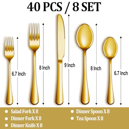 40 Pcs Gold Silverware Set Service for 8 (Gold)