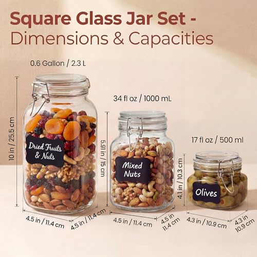 Square Glass Jars with Airtight Lids (Square-Multi Size Set- 5Pack)