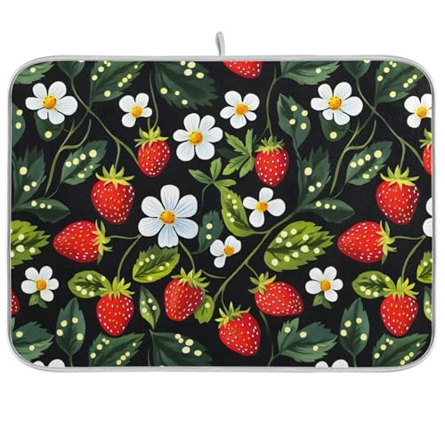 Strawberries White Flowers Dish Drying Mat for Kitchen Counter Absorbent Microfiber Drying Pad (18" x 18")