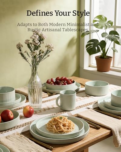 Stoneware Dinnerware Set with Pasta Bowls (Light Green / Service for 6 - Double Bowls)