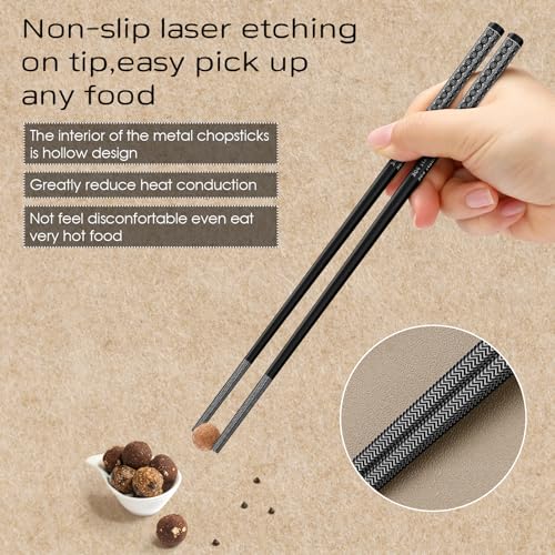 8 Pairs Metal Chopsticks Reusable Black Stainless Steel Chopsticks Set Laser Engraved Non (Black 304 stainless steel)