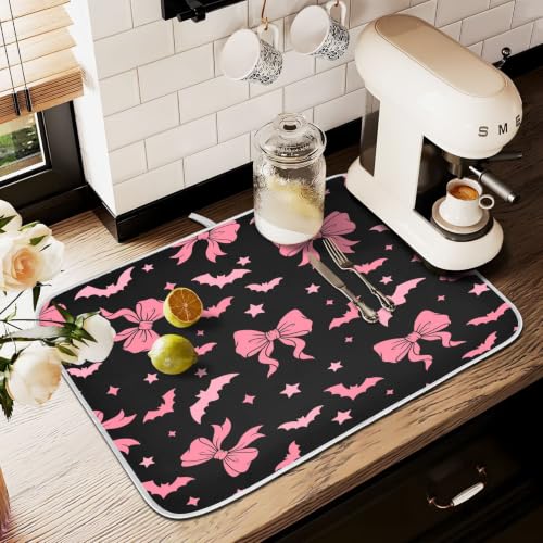 Halloween Dish Drying Mat for Kitchen Counter Absorbent Microfiber Large Drying Pad Pink Bat Bow Dish Mats for Kitchen Countertops 18 x 24 Inch (Halloween Bat Bow / 24" x 18")