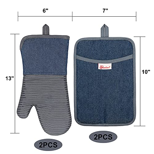 Oven Mitts Pot Holders Set of 4 Made with Pure Cotton and Food Grade Non (4PCS‑13"L x 6"W/Grey‑Denim Striped Surface)