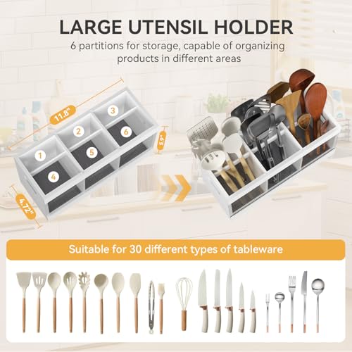 Bamboo Kitchen Utensil Holder with Drying Stone and 6 Compartments (White / Medium)