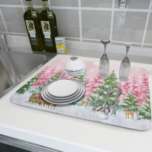 Winter Dish Drying Mat for Kitchen Counter Holiday Home Decoration Large (Winter Forest Colorful / 24" x 18")