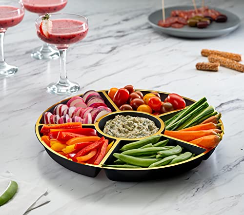 6 Sectional Round Plastic Serving Tray (Black & Gold)