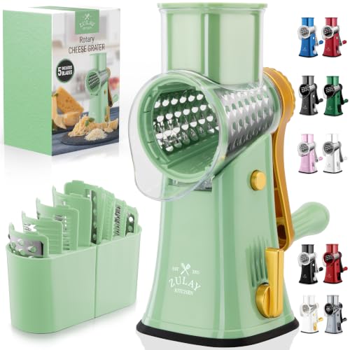 Rotary Cheese Grater Manual Hand Crank 5 Blade Shredder (5 Blades / Sea Foam & Gold)