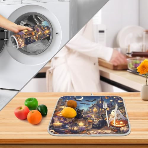 Halloween Night Scene Dish Drying Mat for Kitchen Counter Absorbent Microfiber Large Drying Pad Cats Ghost Dish Mats for Kitchen Countertops 18 x 24 Inch (Halloween Night Scene / 24" x 18")