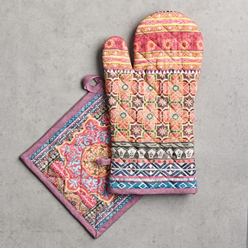 100% Cotton Oven Mitt & Pot Holder Set (075 - Ispahan / 7.5" x 13" & 8" x 8" (Oven Mitt & Pot Holder))