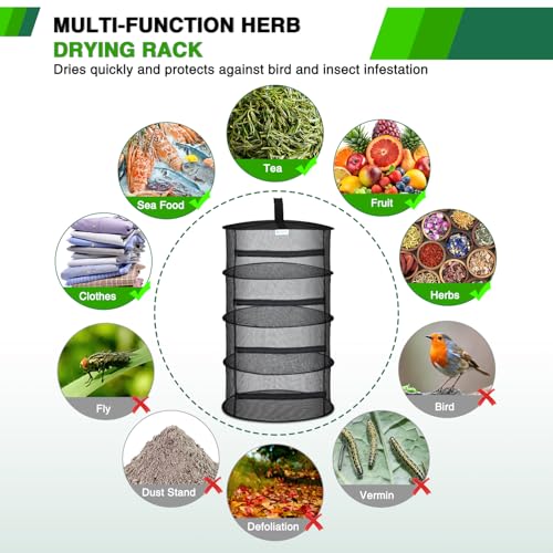4 Layer Herb Drying Rack Hanging Mesh Net Foldable Plant Drying Racks 18" Diameter with Black Zipper & Hook Dryer Hanging Rack for Herbs Seed Bud Fruit Clothes Grow Tent Closets Garden Outdoor