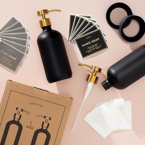 Hand and Dish Soap Dispenser for Kitchen and Bathroom (Matte Black Bottle / Brushed Gold Pump)