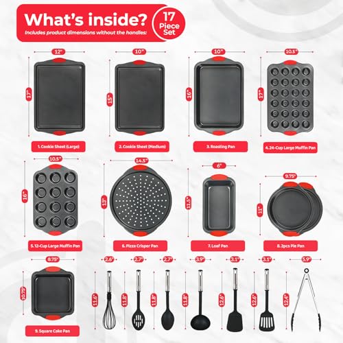 Non-Stick 17-Piece Baking Pan Set, BPA-Free Carbon Steel Bakeware Set with Silicone Handles, Stackable Kitchen Oven Set, Cookie Sheet, Baking Tray, Baking Sheet Set, Utensils, Oven Safe (446°F) (17 Piece)