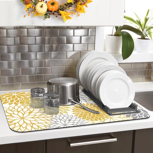 2Pcs Fall Dish Drying Mat & Sink Splash Guard (Yellow / 16" X 24" + 24" X 5.5")