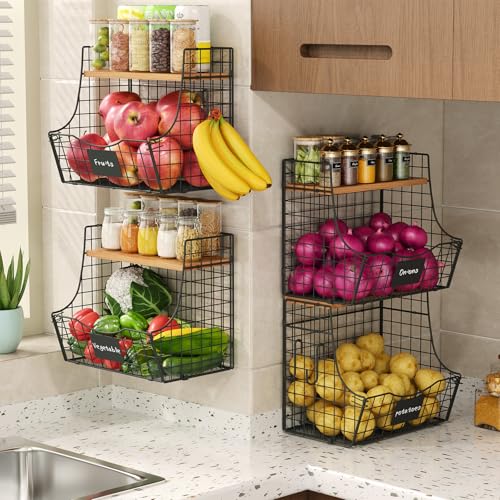 4 Pack Fruit Basket for Kitchen with Lid (L -Black)