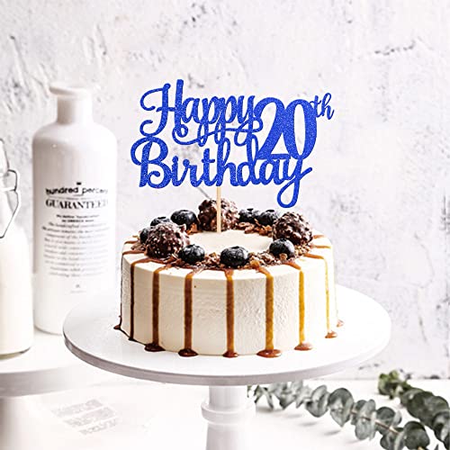 1 PCS Happy 20th Birthday Cake Topper Glitter Cheers to 20 Years Birthday Cake Pick Twenty 20 Fabulous Cake Decoration for Happy 20th Birthday Theme Party Decorations Supplies Blue (Blue / 20th)